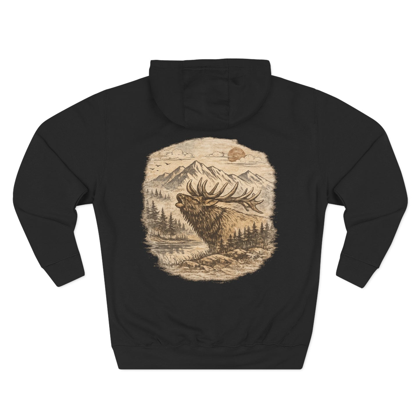 Elk Wilderness Hoodie — Vintage Mountain Elk Graphic Fleece Hoodie