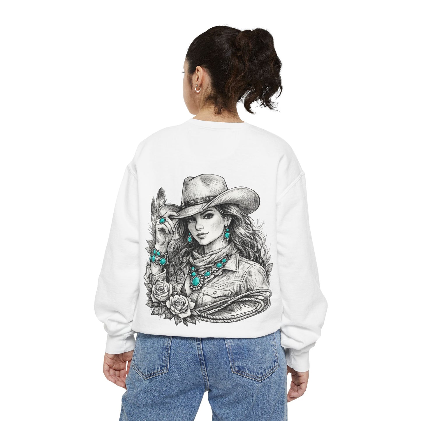 Turquoise Cowgirl Portrait Sweatshirt — Western Turquoise Necklace Graphic