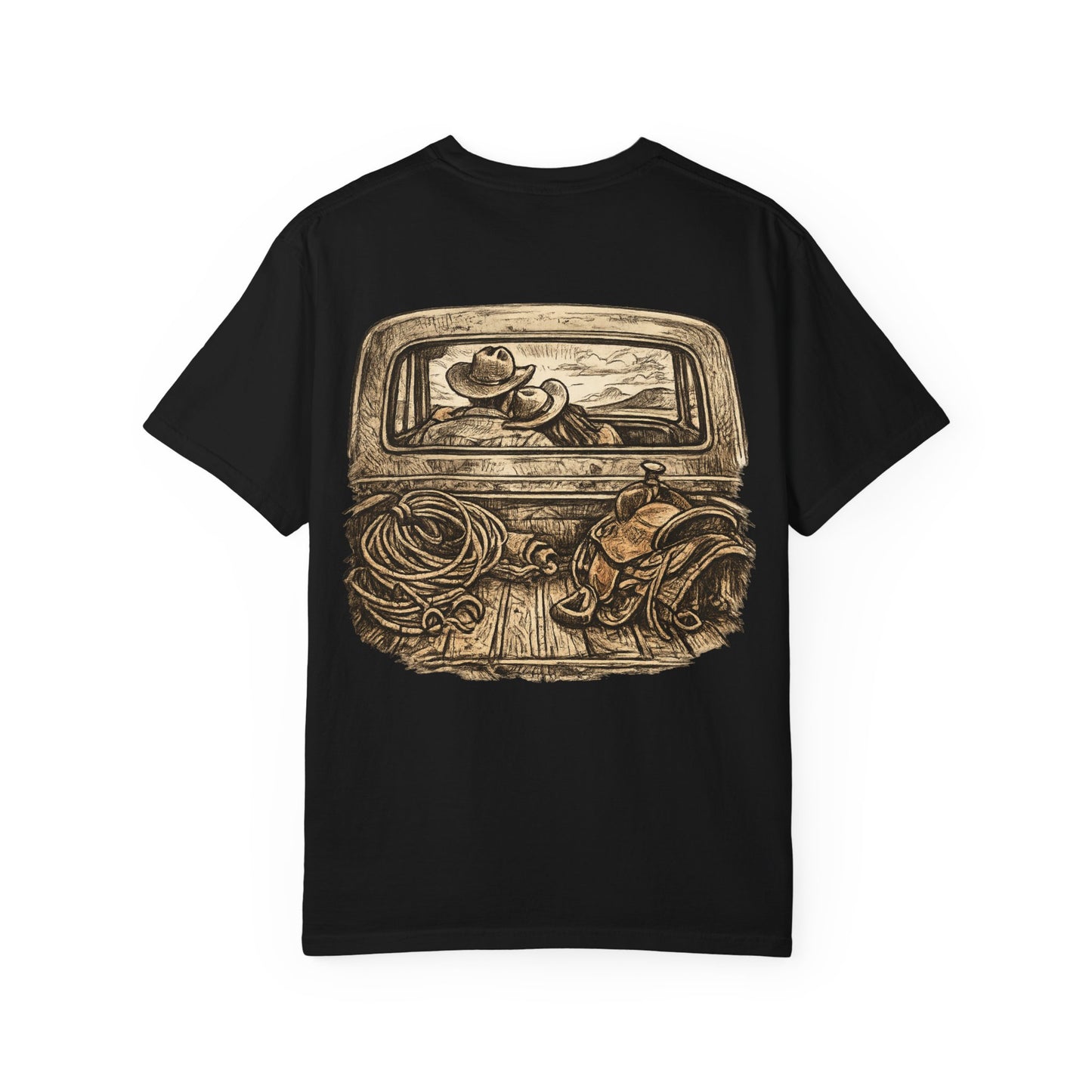 Western Romance T-Shirt — Truck Bed, Hat & Saddle Graphic