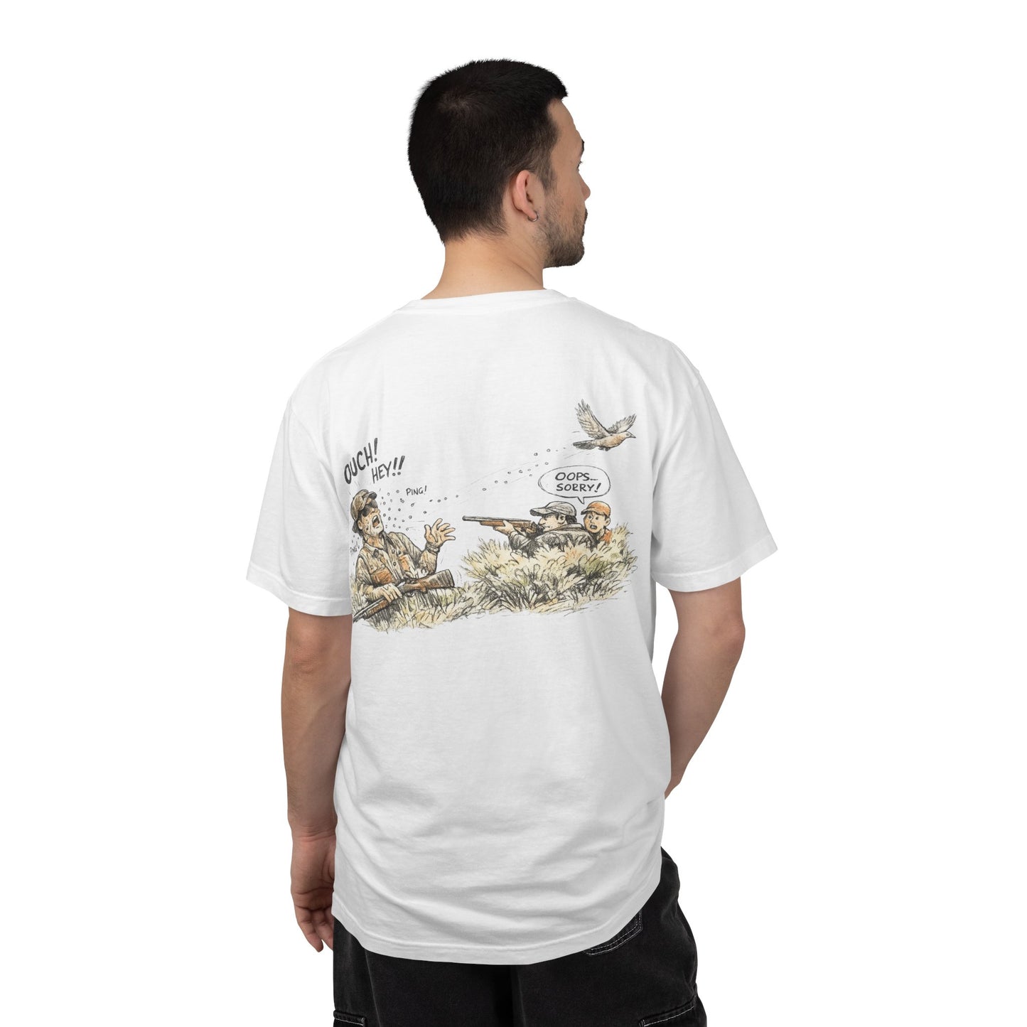 T-Shirt — Funny Dove Hunting Graphic ‘Oops…Sorry!’ Back Print