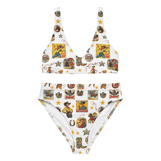 Yeehaw Vintage Cowgirl Collage White Bikini