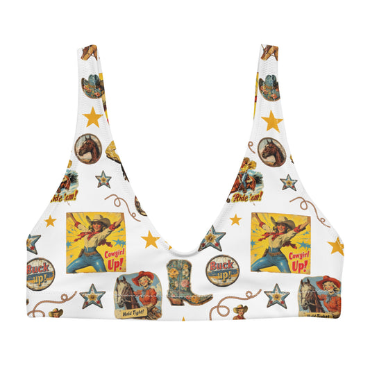 Yeehaw Vintage Cowgirl Collage White Bikini Top